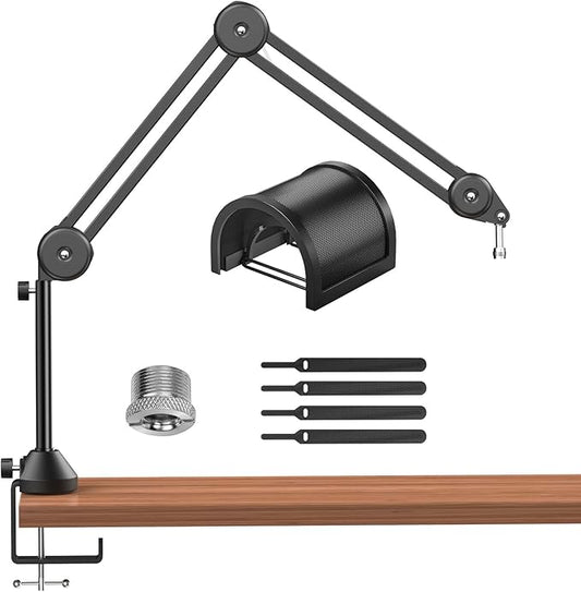 TONOR Microphone Boom Arm, Adjustable Microfono Stand Mic Arm with Extra-large Pop Filter, 3/8’’ and 5/8’’ Screwadapter, Equipment for Podcast, Recording, Streaming, 40 cm +40 cm +20 cm Riser, T50