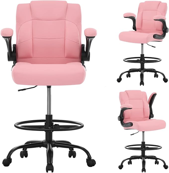 Ergonomic Drafting Chair,Tall Office Chair for Standing Desk with Flip-Up Armrests,Adjustable Foot Ring & Height, High Leather Executive Office Chair for Home,Drawing or Counter Height Use
