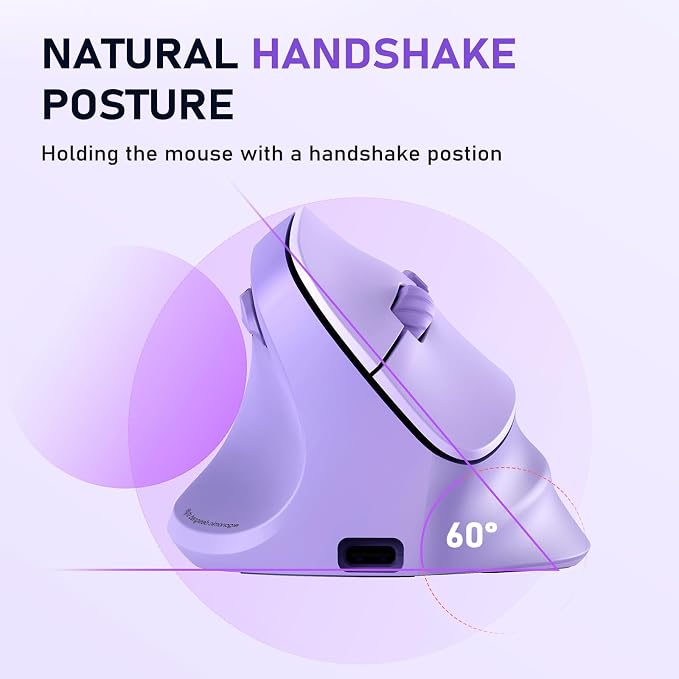 MEETION Left-Handed Mouse, Ergonomic Mouse Wireless Vertical Mouse, RGB Rechargeable Mice for Bluetooth(5.2 + 3.0) & USB, 4 Adjustable DPI for Mac/Windows/PC/Tablet/iPad Purple
