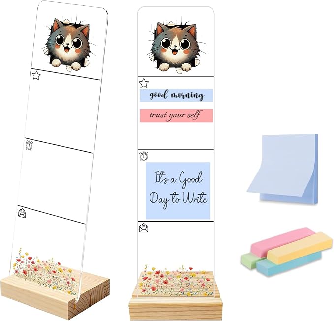 Sticky Note Holder, Monitor Memo Board, Acrylic Post It Note Holder with Wooden Base, Includes 200 Notes, Desk Organizer for Office, Cute Cat Design