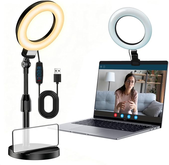 Desk Ring Light with Stand, Video Conference Lighting with Clip, Ring Light for Phone, Travel Selfie Light for Makeup, Live Streaming, Video, Photography