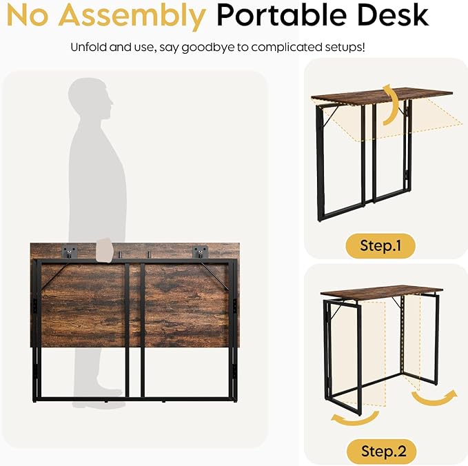 Folding Desk - 39.4” Wood Top Foldable Desk for Small Spaces | No Assembly Required Compact Desk for Home Office, Writing, and Study
