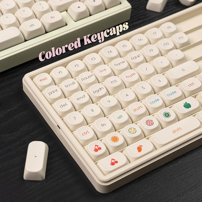 MOA Profile PBT Keycaps, Minimalist White Keycap Set, 124 Keys Cute Round Keyboard Keycap, Dye-Sublimation Custom Key Cap for 61/64/68/84/87/100/104/108 Cherry MX Mechanical Keyboards(Fruit)