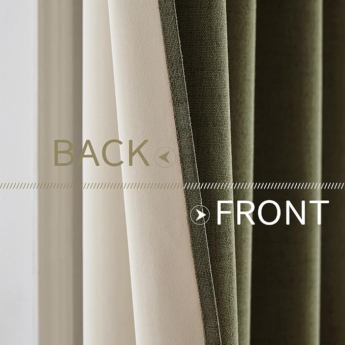 MIULEE Linen Texture Curtains for Bedroom Solid 100% Blackout Thermal Insulated Light Olive Green Curtains Grommet Room Darkening Drapes for Living Room 52x90 Inch (2 Panels)