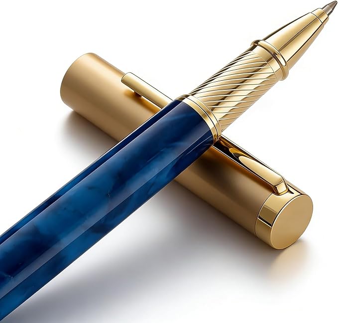 Luxury Rollerball Pen with Gold Trim, Elegant Resin Writing Instrument, Fine Point Black Ink Refill, Business Signature Pen with Metal Gift Box for Executive, Men, Women (Glacier Blue)