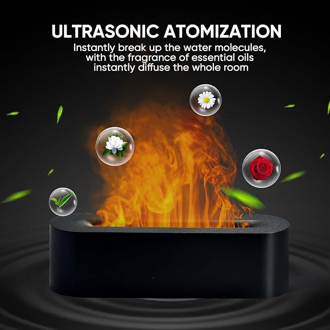 Essential Oil Diffuser, Fireplace Flame Fire Oil Diffuser, 150ml Ultrasonic Cool Mist Aromatherapy Humidifier, Scent Aroma Diffuser with 7 Colors Light, Timer & Auto-Off for Home, Room (Black)