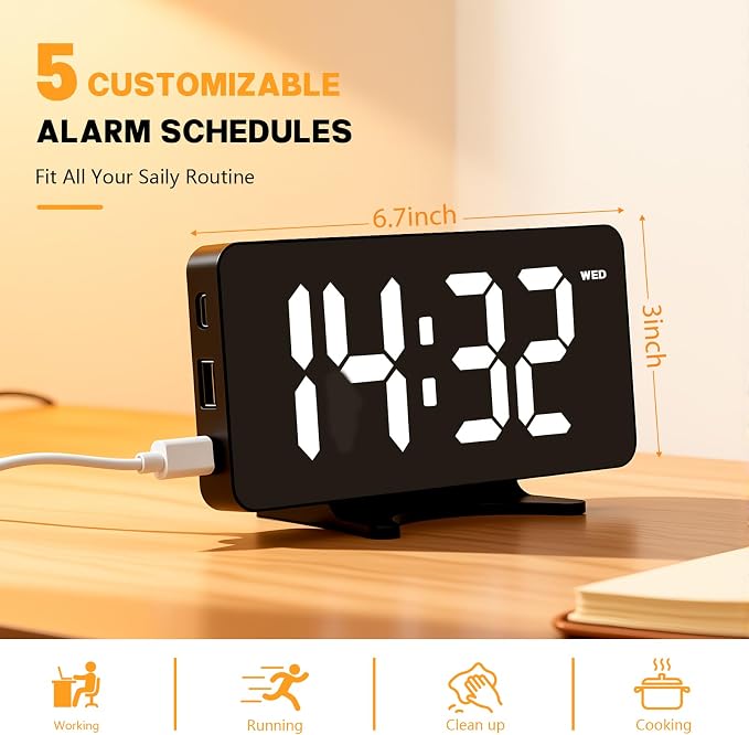 Digital Alarm Clock for Bedroom Dimmable Dual Desk Clock for Heavy Sleepers | Easy Setup, Large Number, Power-Off Memory, 5 Alarm Modes