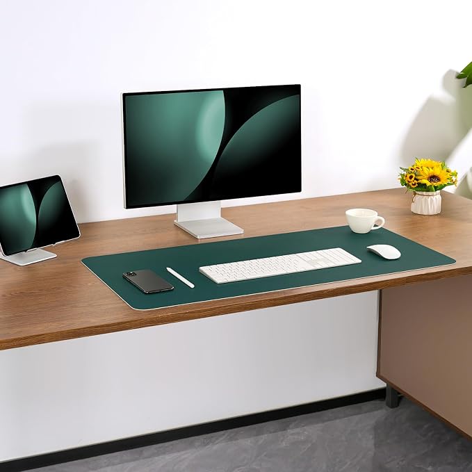 Dual Sided Desk Pad Faux Leather Desk Mat Large Mouse Pad | Desk Pad Protector Non-Slip Waterproof Desk Mouse Pad for Writing Desk, Office, Home(Green White 31.5"X15.7")