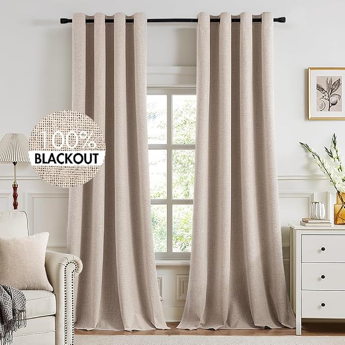 MIULEE 100% Blackout Linen Textured Curtains for Bedroom Solid Thermal Insulated Natural Beige Grommet Room Darkening Curtains & Drapes Luxury Decor for Living Room 52 x 132 Inch (2 Panels)
