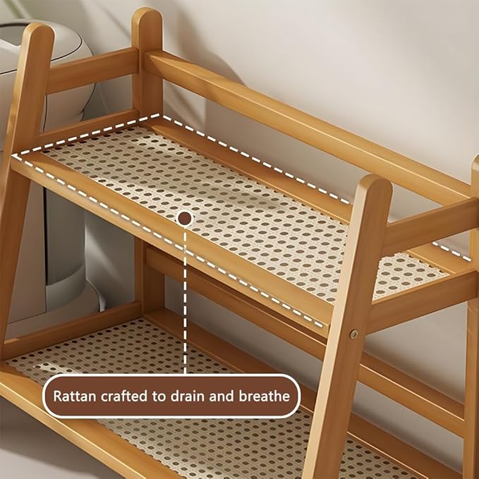 Hggzeg Wicker-Look Coffee Station Organizer, Double Layer Desk Organizers, Bamboo Home Coffee Mug Display Rack, Countertop Shelf, for Dormitory, Kitchen, Office (Original Wooden Color)