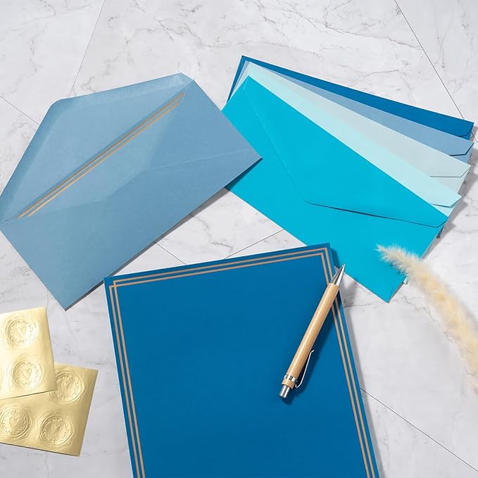 50 Pack Colored Stationery Set, 5 Colors #10 Business Envelopes, 50 Sheets 8.5x11 Paper Sheet and Gold Stickers for Office, Letters, Invitations (Blue)