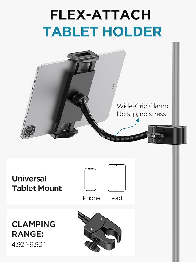 InnoGear Microphone Stand Floor, Adjustable Tripod Boom Mic Stand with Tablet Phone Holder Carrying Bag 2 Mic Clips 3/8" to 5/8" Adapter for Blue Yeti SM58 SM48 Fifine K669B, Podcast Singing Stage
