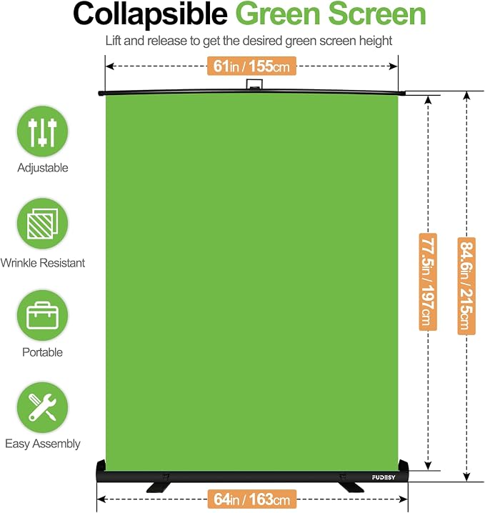 FUDESY 61 x 77.5in Collapsible Green Screen, Portable Retractable Chroma Key Backdrop, Wrinkle-Resistant Fabric Pop Up Photo Background with Stand for Streaming, Video Conference, Photographic Studio