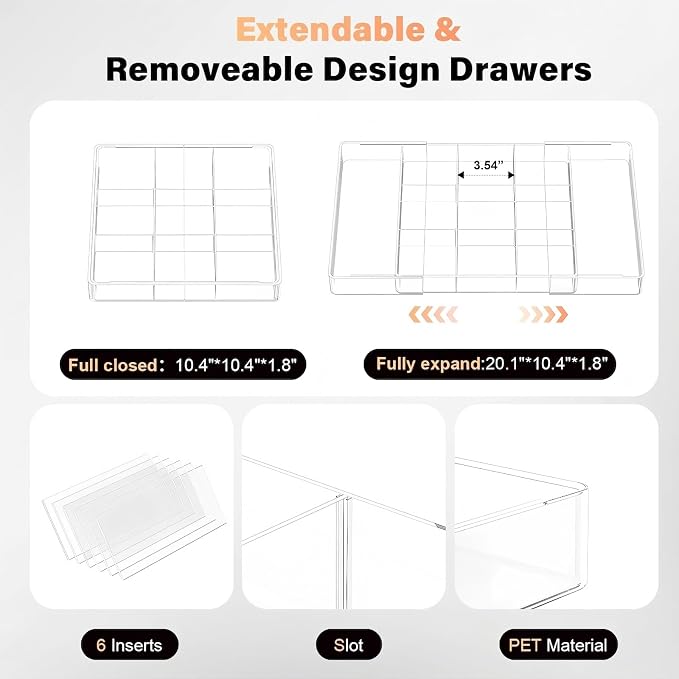Acrylic Expandable Desk Drawer Organizer with 11 Adjustable Compartments | and 6 Removable Dividers Desk Accessories for Office Kitchen Bathroom Makeup and Utensil Junk Storage (Clear, 2Pcs)