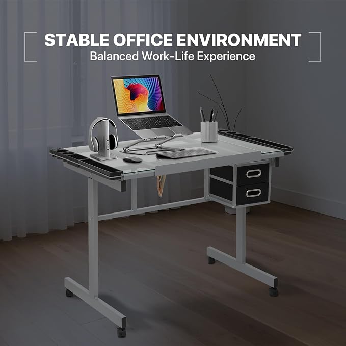 Athena Collection 41" Drafting Table Adjustable Angle Drawing Table Tempered Glass Art Desk Metal Frame Craft Desk for Artist with Fabric Drawers, Rolling Casters and Trays, Light Grey