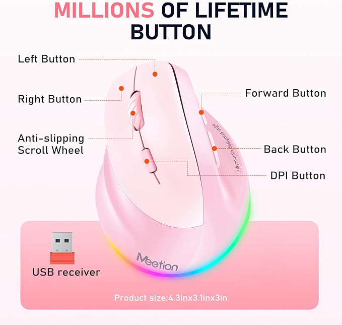 MEETION Left-Handed Mouse, Ergonomic Mouse Wireless Vertical Mouse, RGB Rechargeable Mice for Bluetooth(5.2 + 3.0) & USB, 4 Adjustable DPI for Mac/Windows/PC/Tablet/iPad Pink