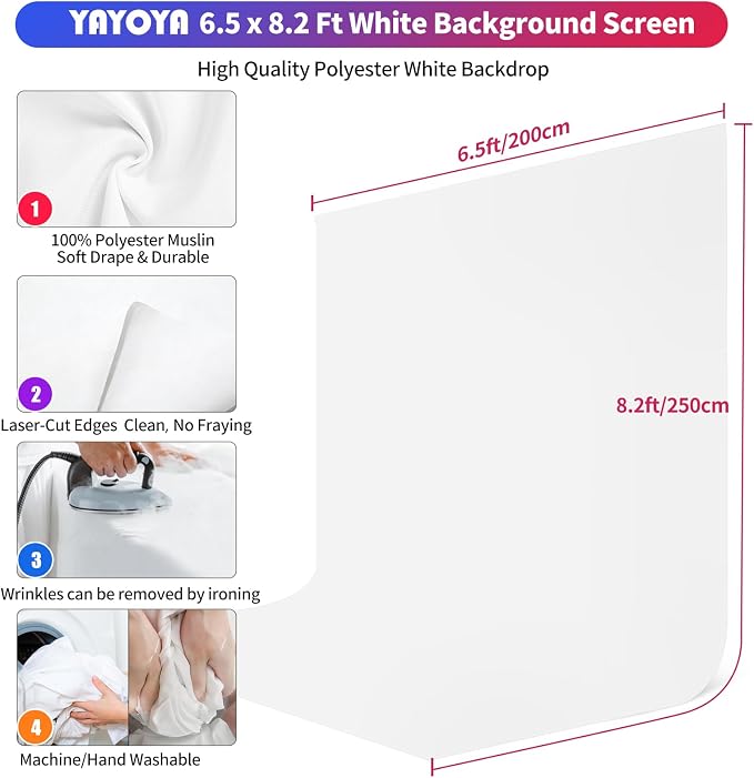 White Backdrop with Stand, 6.5x8.2 ft White Photo Backdrop Curtain with 7.5x7.9 ft Background Stand, Portable Back Drop Support Kit with Carrying Bag, 5 Strong Spring Clamps