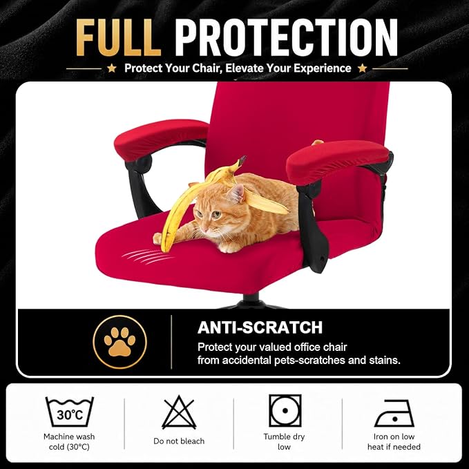 Stretch Computer Office Chair Cover with Armrest Covers Durable Zipper Universal Washable Removable Spandex Rotating Boss Chair Slipcovers Anti-dust Soft Desk Chair Seat Protector, Red