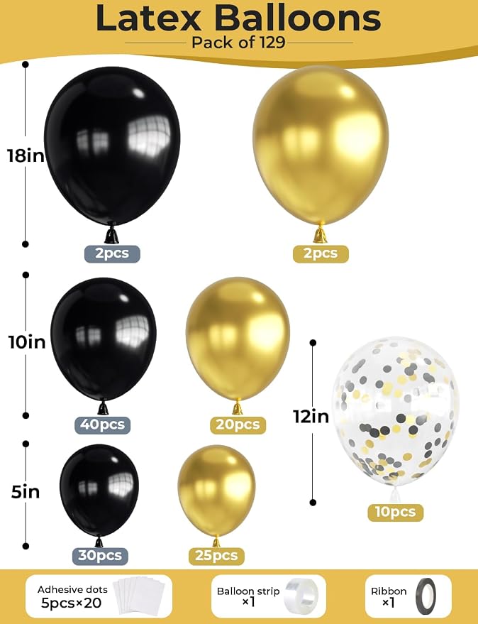 Black and Gold Balloon Arch Garland Kit, 129 Pcs Father's Day Balloons, 18/12/10/5 In Black Gold Confetti Balloons, Fathers Day Balloon Arch Kit for Father Day, Birthday, Grad, Retirement, Anniversary
