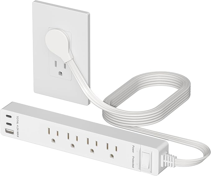 LIDER Outlet Extender with 4 Receptacles, USB-A & 2 USB-C, 45 Degree Angle Ultra-Thin Flat-Plug, 4-Outlet Power Strip, Surge Protector 1500 Joules, 5ft Cord, 1250W, ETL Listed, Matte White