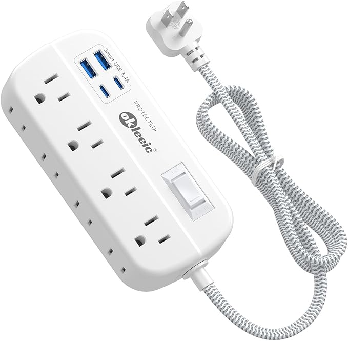 Power Strip with USB, 5Ft Travel Power Strip Surge Protector with 8 Outlets 4 USB(3.4A/17W) Charging Station, 13A/1625W 3 Prong Small Extension Cord Outlet Splitter, Wall Mount for Travel Office Dorm