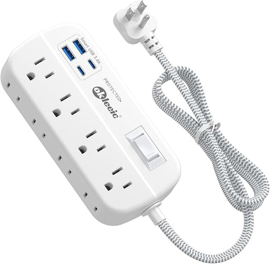 Power Strip with USB, 5Ft Travel Power Strip Surge Protector with 8 Outlets 4 USB(3.4A/17W) Charging Station, 13A/1625W 3 Prong Small Extension Cord Outlet Splitter, Wall Mount for Travel Office Dorm