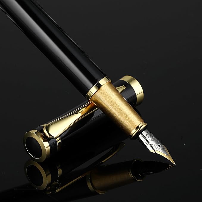 Andibro Luxury Metal Fountain Pen Set, 0.5 mm Fine Nib Fountain Pen with 6 Pcs 2.6mm Black Ink Cartridges Smooth Writing Pen Gift for Men Women Business Office Journaling