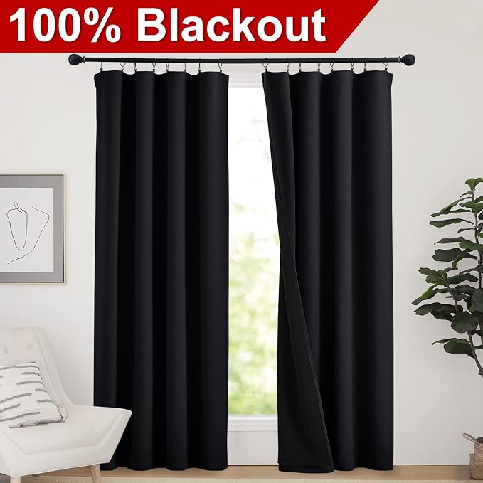 NICETOWN Cold Reducing Thermal Curtains, Full Blackout Curtains 84 Inches Long for Dining Room, Soundproof Window Treatment Drapes for Hall Room, Black, 52 inches Wide Per Panel, Set of 2 Panels