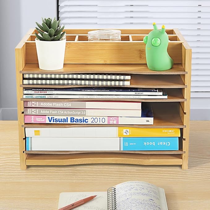 5-Tiers Bamboo File Organizer Paper Organizer Mail Sorter Document Letter Trays Desk Organizer with 4 Dividers for Office Home Study Desk Storage (Natural Color)