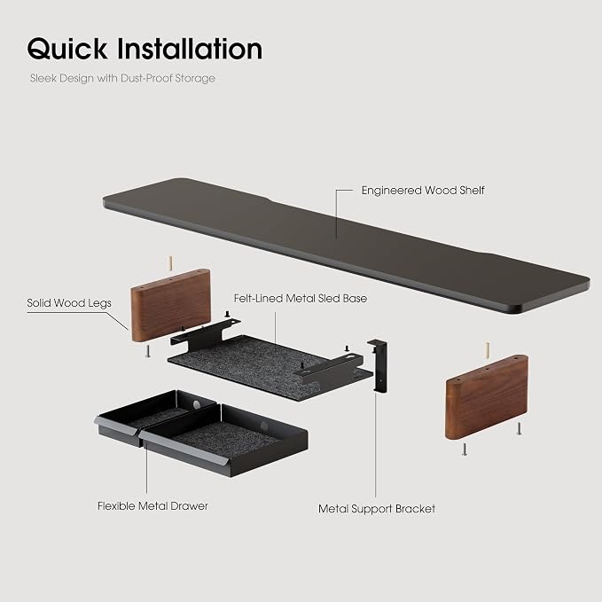 Fenge 42.5" Dual Monitor Stand with Storage Drawer & Solid Wood Legs, Black | Modern Minimalist Design, Repositionable Metal Drawers, Wooden Desk Shelf for Home Office Workspaces