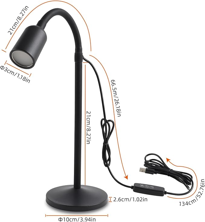 DAMI Small Desk Lamp with Flexible Gooseneck, USB Reading Light Nightstand with 3 Color Temperatures, Dimmable Eye-Caring Bedside Table Lamp for Home Office Bedroom Dorm RV - Black