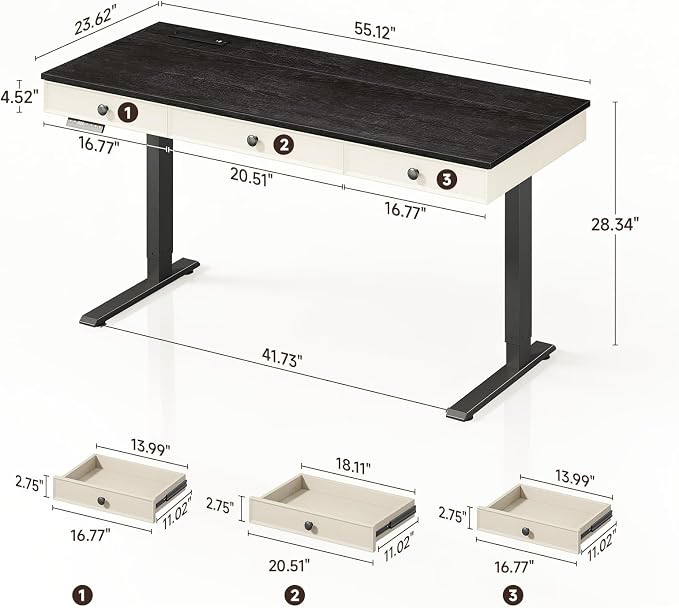 55 Inch Electric Standing Desk with 3 Drawers, Home Office Desk, Black | Computer Desks Retro Corner Table & Drawers, Height Adjustable Stand Up Desk with Storage & Outlets for Computer Workstation