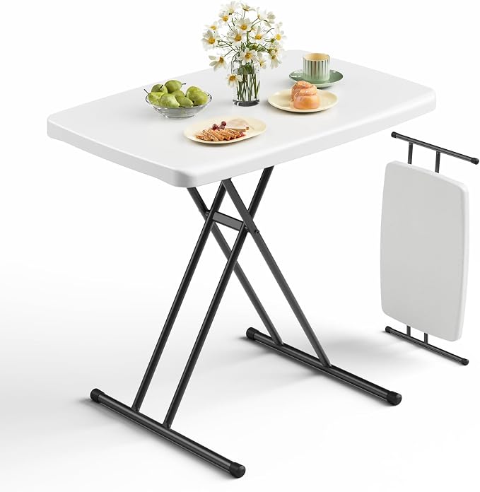Folding Table 30 Inch - Small Desk Adjustable Height TV Tray for Laptop, Couch, Camping - Heavy Duty Utility Foldable Table for Small Spaces, No Assembly Required,Plastic White Granite