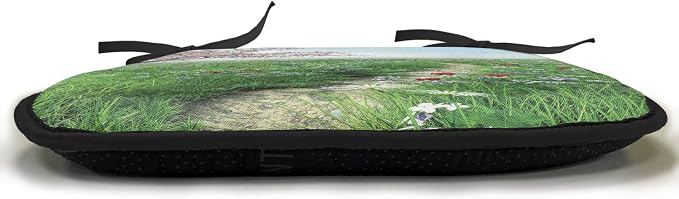Lunarable Flower Chair Cushion Pads Set of 6, Pathway with Cherry Blossom Tree Wildflowers Grassland Country Village Nature Art, Anti-Slip Seat Padding for Kitchen & Patio, 16"x16", Green Blue