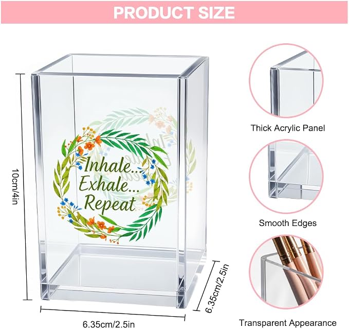 Inhale Exhale Repeat Acrylic Cosmetic Pencil Pen Holder Cup, Inspirational Desk Organizer Accessories for Home Office Meditation Room Decor, Motivational Gifts for Women Girl Yoga Lover Coworker