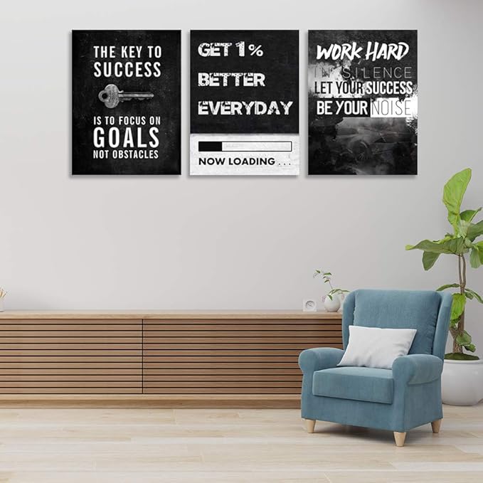 Motivational Success Poster Print Wall Art Inspirational Entrepreneur Goals Quotes Wall Decor Work Hard Picture Painting Decoration Artwork for Office Bedroom Living Room 16inch x24inch x3pieces