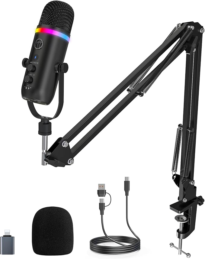 ZealSound Podcast Microphone for PC/Mac/iPhone – USB Studio Mic with Noise Cancellation, RGB Lighting, Mute, Gain, Monitoring & Echo, Boom Arm & Pop Filter, Streaming, Recording, TikTok, YouTube