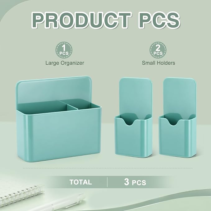 Crtiin 3 Pcs Magnetic Pen Holder Set for Refrigerator, Magnetic Desk Organizer with 1 Large 2-Compartment and 2 Small Holders, Marker Holder for Refrigerator, Whiteboard, Home Office(Sage Green)