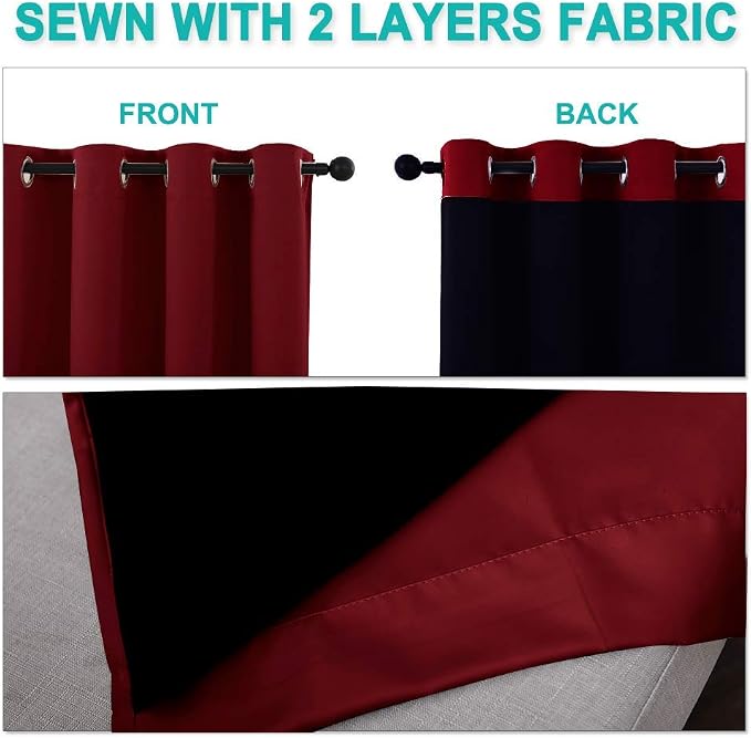 NICETOWN 100% Blackout Curtains with Black Liner Backing, Thermal Insulated Curtains for Living Room, Noise Reducing Drapes for Christmas, Burgundy Red, 52" x 102" Per Panel, Set of 2