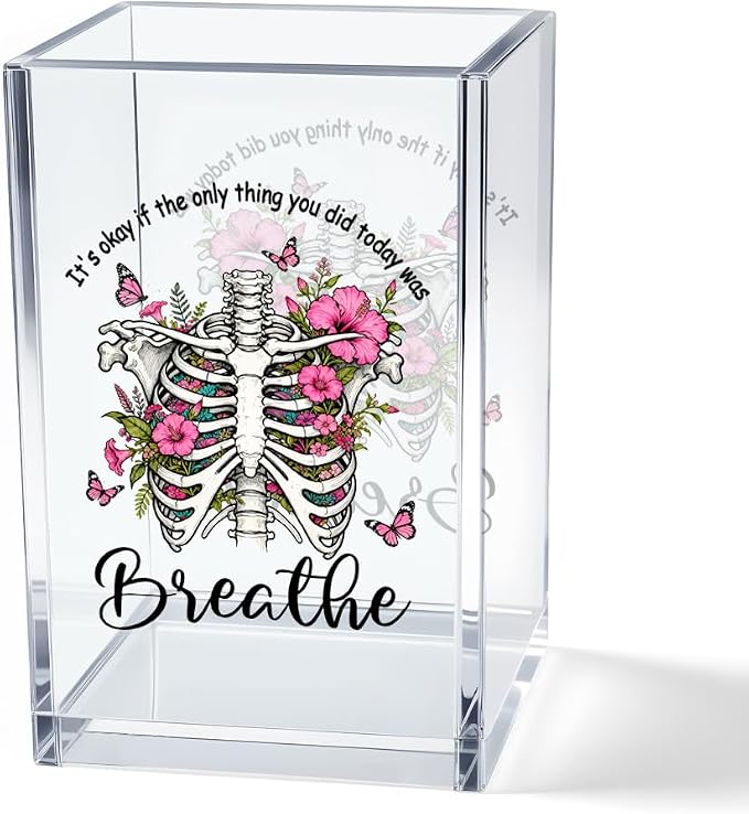 It's Okay Only Breathe Acrylic Cosmetic Pencil Pen Holder Cup, Skeleton Desk Organizer Accessories for Office, Inspirational Gifts for Women Girl Coworker Therapist Teacher Respiratory Doctor