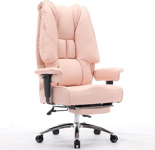 Big and Tall Office Chair 400lbs Wide Seat, Leather High Back Executive Office Chair with Foot Rest, Ergonomic Chairs Lumbar Support for Lower Back Pain Relief (Light Pink)