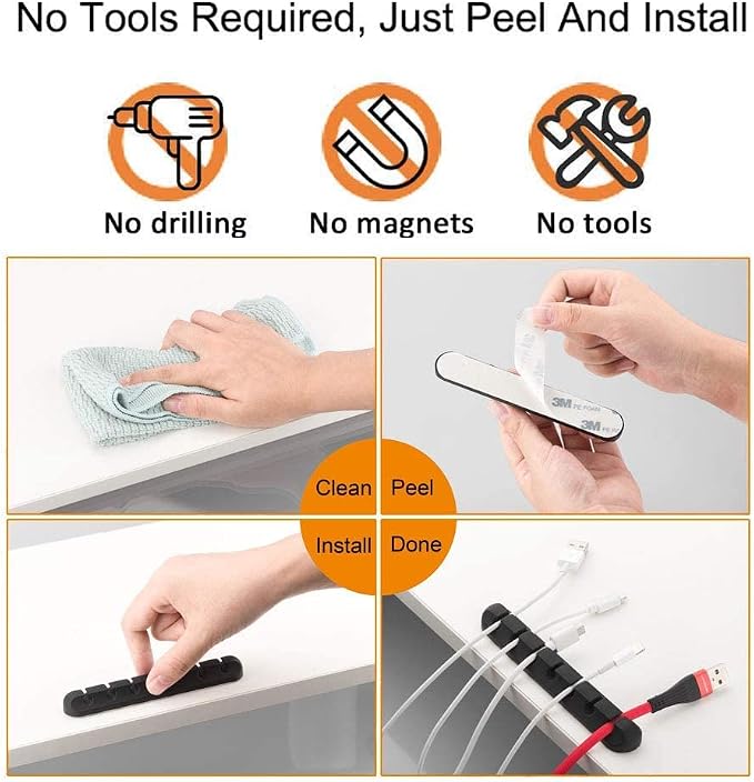 Cord Holder Cable Organizer Clips Cord Organizer for Desk, Nightstands | Self Adhesive, Office, Car, Black Silicone Cord Keeper, Cable Management, Wire Holders for phone charger Cords