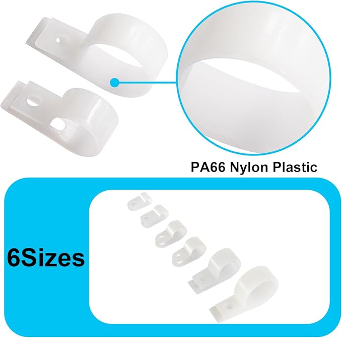 TWTADE 306PCS White Cable Clamps Assortment Kit, Nylon Plastic R-Type 6 Sizes 3/16'' 1/4'' 3/8'' 1/2'' 3/4'' 1'' Cable Mounting Wire Clips Fastener with Screws for Wire Management