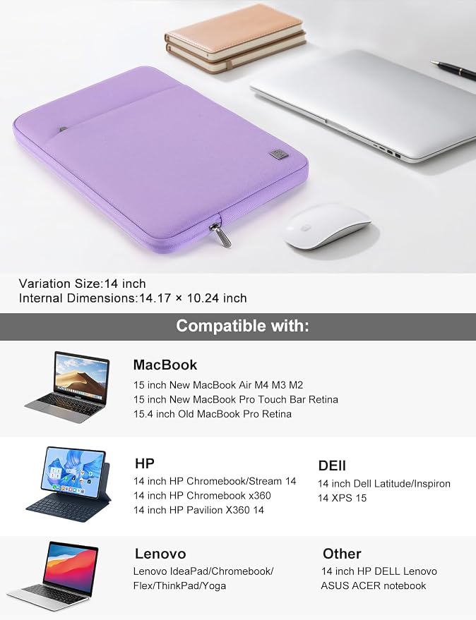 DOMISO Laptop Case Laptop Sleeve Cover Compatible with 15 inch MacBook Air M4/A3241 2025, M3/A3114,M2/A2941,15 inch MacBook Pro A1990 A1707,Compatible with Dell XPS 15 Plus with Pocket,Purple