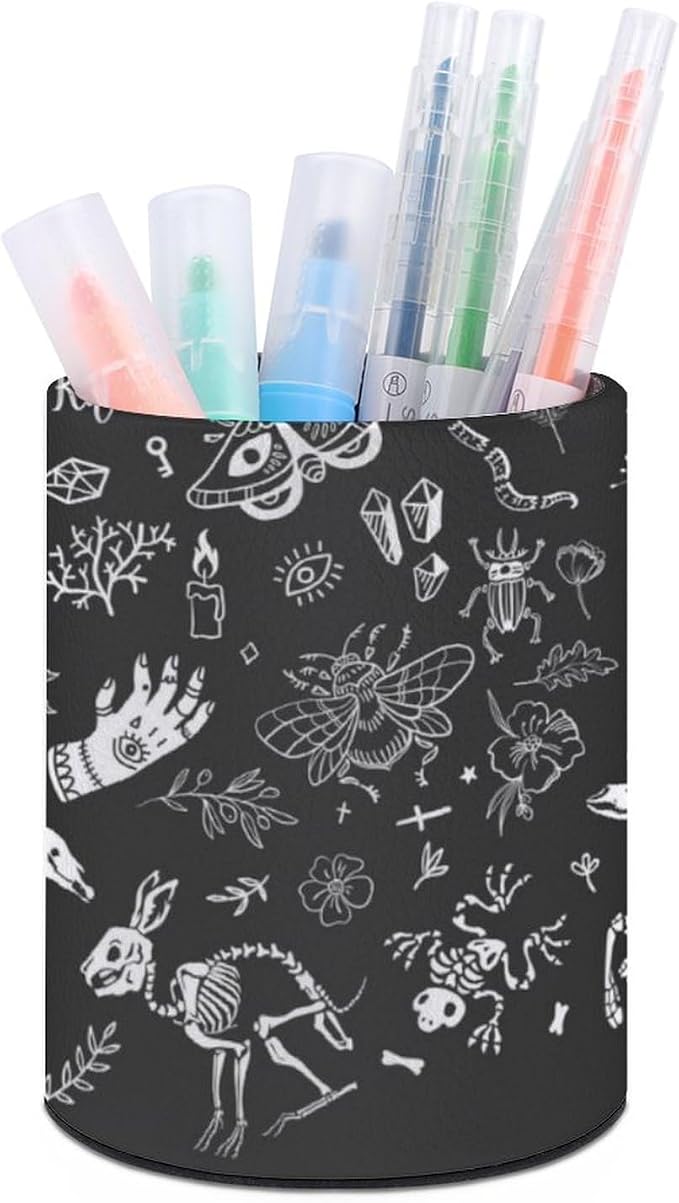 Skull Skeletons Pen Holder for Desk PU Pencil Cup Organizer | Round Desks Makeup Brush Holder for School Multifunctional Office Supplies