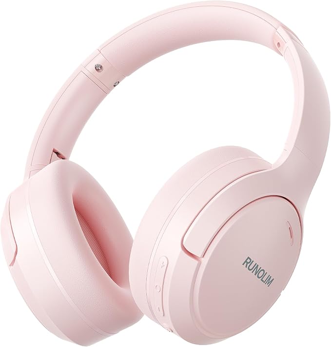 RUNOLIM Hybrid Active Noise Cancelling Headphones, Wireless Over Ear Bluetooth Headphones with Microphone, 100H Playtime, Foldable Headphone with HiFi Audio, Deep Bass for Home Travel Office（Pink）