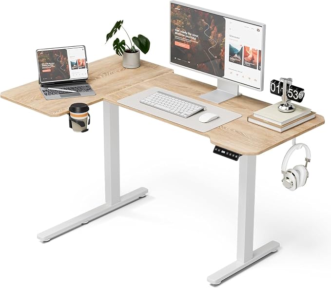 Acrolix L Shaped Electric Standing Desk - 43x31.5 Inch Reversible Corner Sit Stand Desk with Hook&Cup Holder,Electric Height Adjustable Table,for Small Home Office&Bedroom Computer Desk, Oak