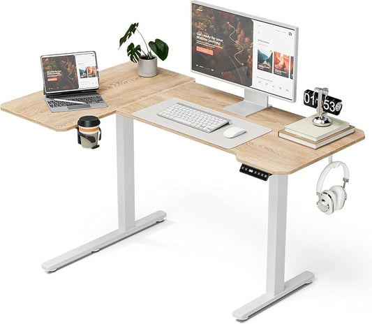 Acrolix L Shaped Electric Standing Desk - 43x31.5 Inch Reversible Corner Sit Stand Desk with Hook&Cup Holder,Electric Height Adjustable Table,for Small Home Office&Bedroom Computer Desk, Oak