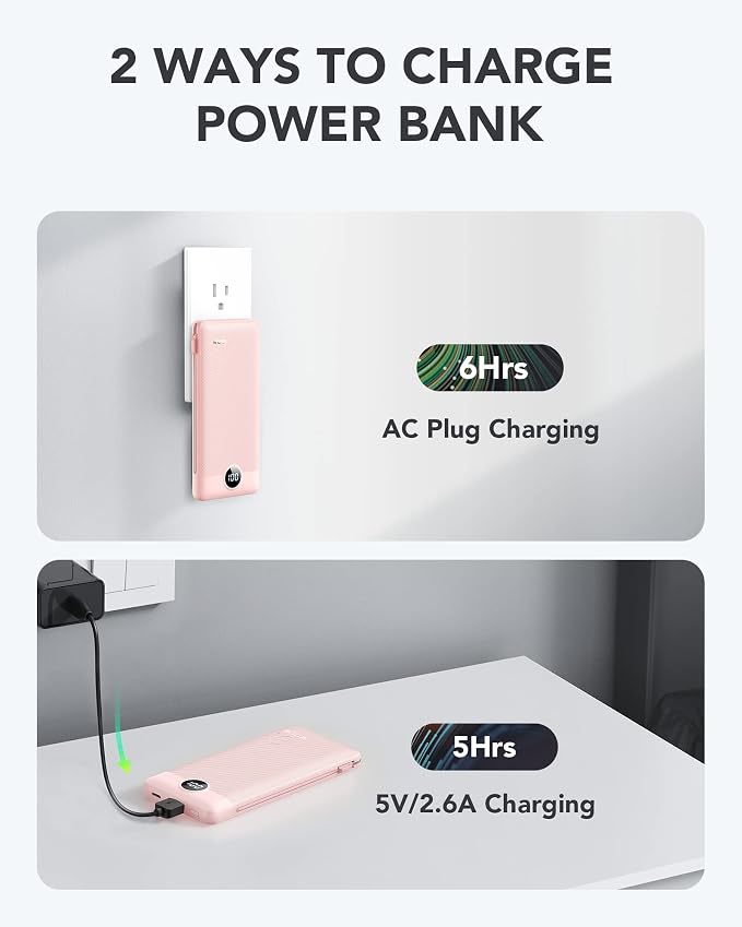 VRURC Portable Charger Built-in Cables and AC Wall Plug,Power Bank 10000mAh | Travel Essentials Phone Charger Compact Lightweight External Battery Pack For Smart Phones, Tablets etc-Pink