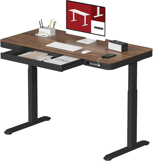 SANODESK Electric Height Adjustable One-Piece Standing Desk with Drawer | Stand Up Home Office Desk with Storage & USB Ports, 48 inch Black Walnut Wood Tabletop/Black Frame
